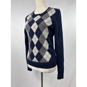 Avellini Cashmere Sweater Navy Blue Grey Argyle Diamond Pattern Size Large